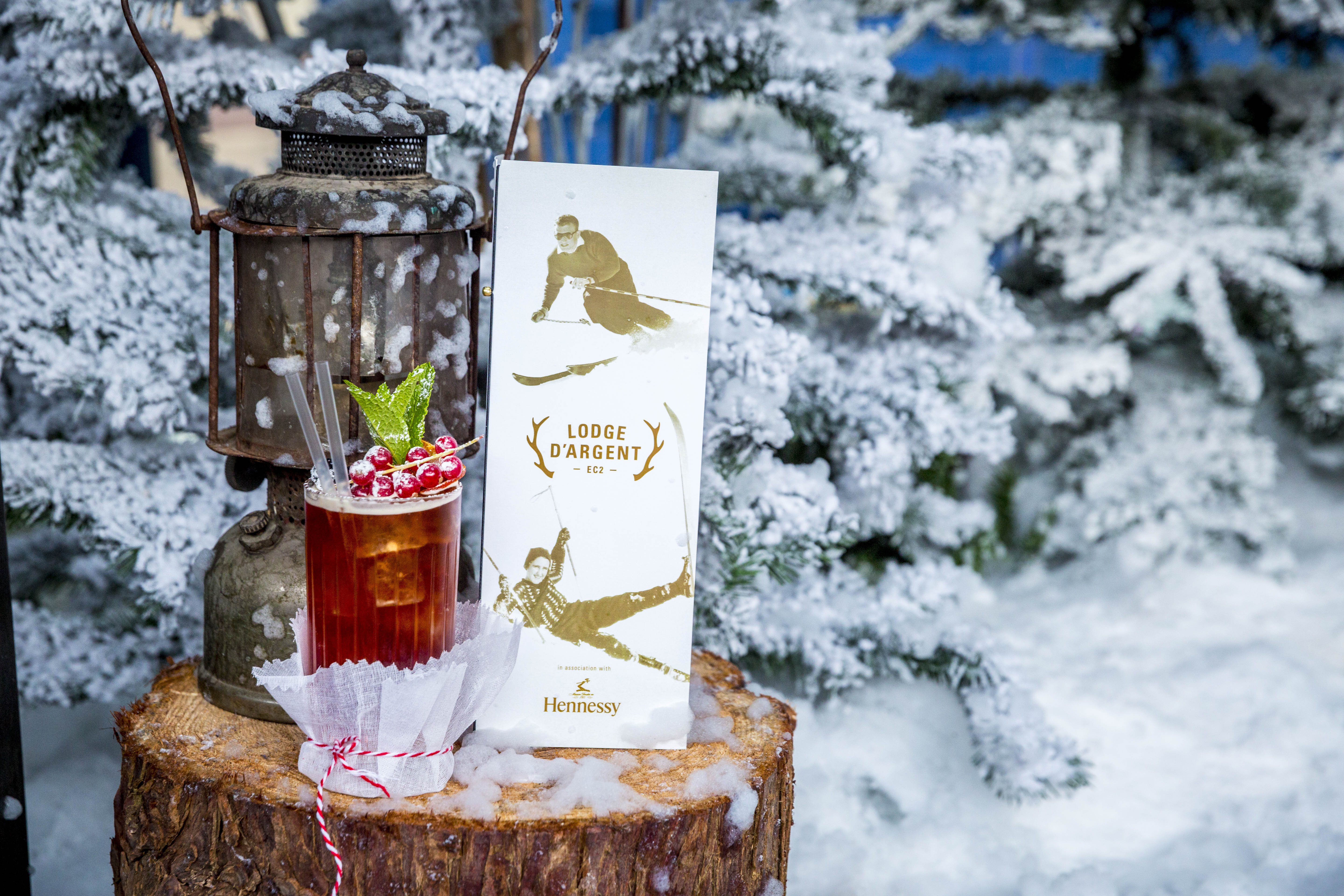 icey cocktail and lodge menu sitting on a tree stump